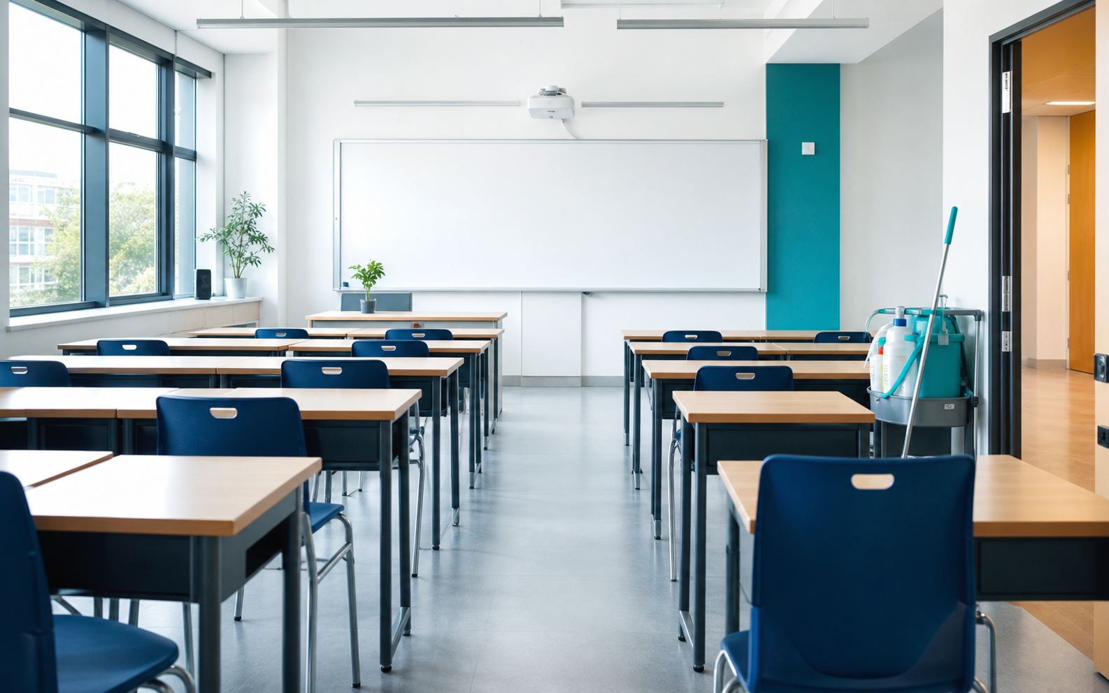 Salle de cours propre et prête à accueillir des étudiants