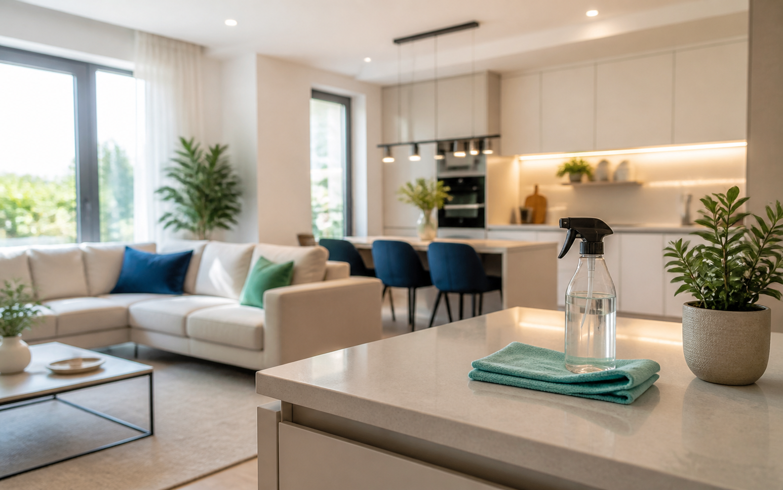 Intérieur résidentiel propre et lumineux entretenu avec soin
